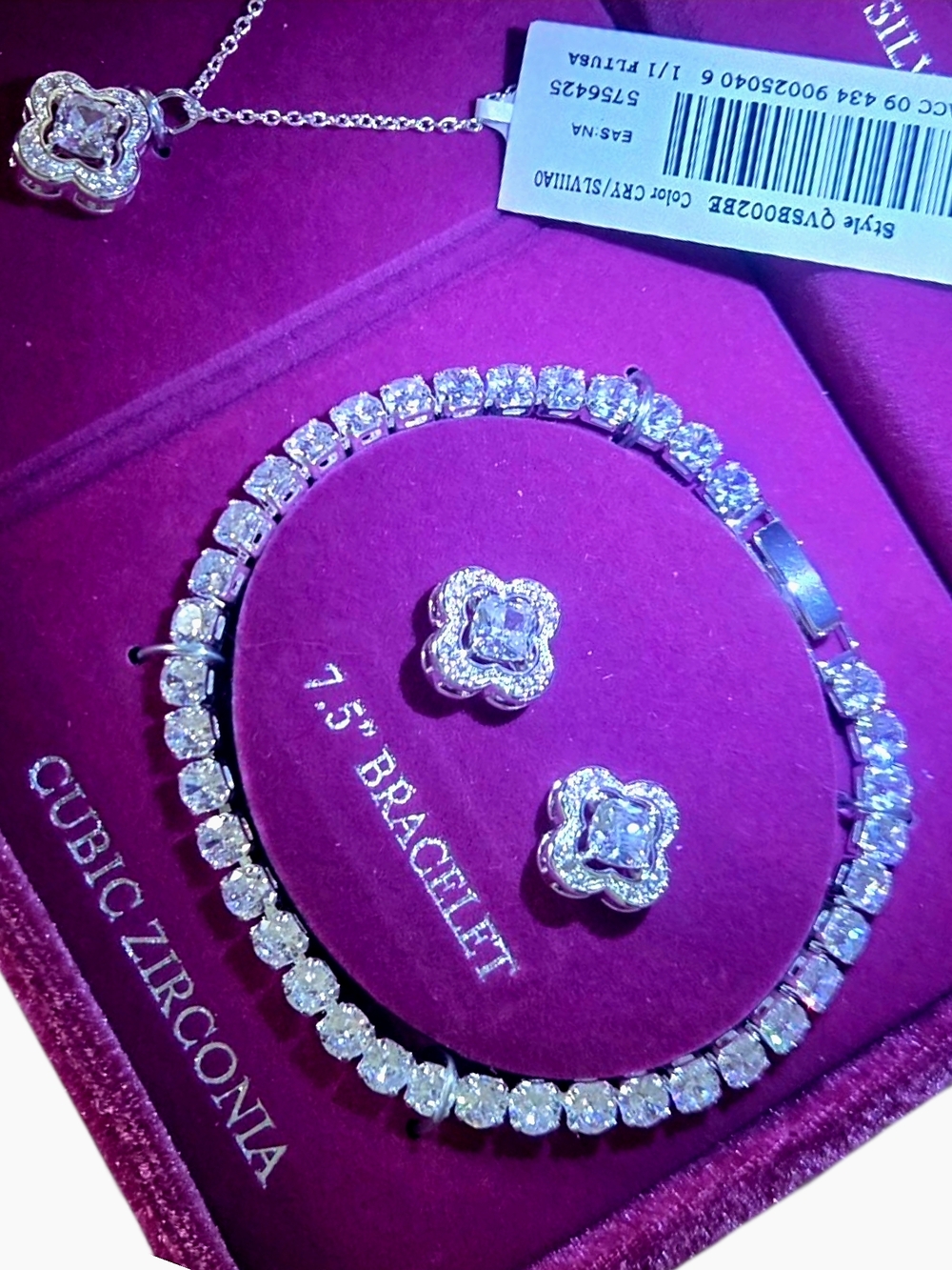 Danecraft Silver CZ Necklace, Bracelet & Flower Studs in Purple Lighted Box